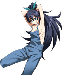 Rule 34 | 1girl, aqua eyes, armpits, arms behind head, blue eyes, breasts, chyko7080, ganaha hibiki, grin, idolmaster, idolmaster (classic), long hair, naked overalls, overalls, ponytail, ribs, sideboob, simple background, small breasts, smile, solo