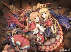 Rule 34 | 10s, 2girls, :d, arm support, between thighs, black bow, black legwear, blonde hair, blush, boots, bow, bracelet, brown hair, cagliostro (granblue fantasy), cape, clarisse (granblue fantasy), dragon, gloves, granblue fantasy, hair bow, hair ornament, hairband, highres, jewelry, leaning back, leaning forward, long hair, looking at viewer, multiple girls, open mouth, orange hair, ponytail, shake (ferit3), sitting, skirt, sleeveless, smile, thighhighs, tiara, v, very long hair