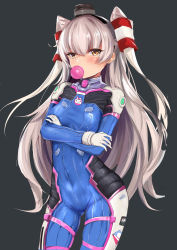Rule 34 | 1girl, absurdres, alternate costume, amatsukaze (kancolle), blush, bodysuit, breasts, blowing bubbles, character print, chewing gum, cosplay, covered navel, cowboy shot, crossed arms, d.va (overwatch), d.va (overwatch) (cosplay), gloves, hair between eyes, hair tubes, highres, kantai collection, long hair, long sleeves, looking at viewer, medium breasts, mouth hold, overwatch, overwatch 1, silver hair, simple background, sketch, skin tight, slm, solo, thigh strap, two side up, very long hair, white gloves, yellow eyes