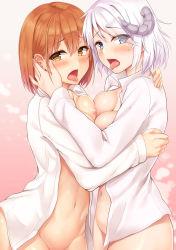 Rule 34 | 2girls, absurdres, artist request, asymmetrical docking, blouse, blue eyes, blush, breast press, breasts, cowboy shot, eyes visible through hair, highres, horns, multiple girls, navel, nipples, nude, open clothes, open mouth, open shirt, orange eyes, orange hair, out-of-frame censoring, shirt, source request, tongue, tongue out, white hair, white shirt