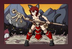 Rule 34 | animal ears, armor, armored boots, axe, boots, breasts, brown eyes, cat ears, cat girl, cat tail, comic, cosplay, dahs, defending, fangs, khorne berserker, khorne berserker (cosplay), monster, nathy, nipples, perky breasts, short hair, small breasts, tail, topless