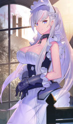 Rule 34 | 1girl, artist name, azur lane, belfast (azur lane), black gloves, blue eyes, breasts, c:, cleavage, closed mouth, dress, frills, gauntlets, gloves, half updo, highres, indoors, large breasts, light rays, long hair, looking at viewer, maid headdress, signature, silver hair, smile, solo, sunbeam, sunlight, takamine nadare, tsurime, underbust, very long hair, white dress, window