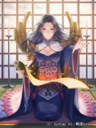 Rule 34 | 1girl, backlighting, black hair, breasts, candle, cleavage, esukee, gold trim, holding, holding scroll, indoors, japanese clothes, kneeling, long hair, medium breasts, official art, outstretched hand, pink eyes, scroll, sengoku saga, sitting, smile, watermark, wide sleeves