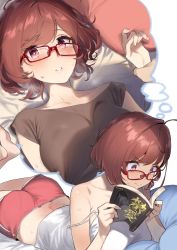 Rule 34 | 1boy, 1girl, 92m, absurdres, ahoge, ass, bare shoulders, blush, book, breasts, brown eyes, brown hair, brown shirt, camisole, collarbone, dolphin shorts, glasses, highres, holding another&#039;s wrist, kinshi no ane (92m), large breasts, lying, navel, off shoulder, on back, on stomach, open book, open mouth, original, pantylines, parted lips, pink shorts, shirt, short hair, shorts, swept bangs, thought bubble, white camisole