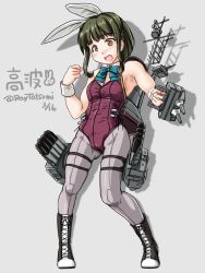 Rule 34 | 1girl, :o, animal ears, bare arms, bare shoulders, black footwear, blunt bangs, boots, braid, breasts, brown eyes, cleavage, cross-laced footwear, dated, fake animal ears, front-seamed legwear, full body, gluteal fold, green hair, grey background, grey pantyhose, holding, holding weapon, kantai collection, knee boots, lace-up boots, legs apart, leotard, open mouth, pantyhose, playboy bunny, purple leotard, rabbit ears, rigging, seamed legwear, shadow, short hair, short hair with long locks, side braid, sidelocks, simple background, small breasts, solo, standing, strapless, strapless leotard, takanami (kancolle), tatsumi ray, thigh strap, torpedo tubes, turret, twitter username, weapon, wrist cuffs