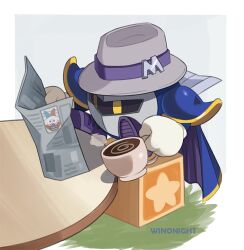 Rule 34 | artist name, blue cape, cape, coffee cup, commentary, cube, cup, disposable cup, english commentary, epaulettes, full body, grey background, grey headwear, holding, holding cup, kirby (series), marx (kirby), meta knight, newspaper, nintendo, no humans, purple footwear, sitting, solo, star (symbol), winonight, yellow eyes