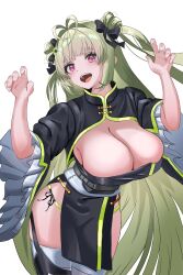 Rule 34 | 1girl, :d, alternate costume, antenna hair, black dress, black ribbon, breasts, china dress, chinese clothes, claw pose, cleavage, double bun, dress, goddess of victory: nikke, green hair, green panties, hair bun, hair ornament, hair ribbon, hairclip, heart antenna hair, highres, huge breasts, leaning forward, light blush, long hair, looking at viewer, open mouth, panties, pink eyes, ribbon, side-tie panties, side slit, smile, soda (nikke), solo, standing, type09 sachi, underwear