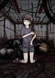 Rule 34 | 1990s (style), 1girl, androgynous, blunt bangs, brown eyes, brown hair, building, cable, child, crt, full body, gomennasai, hair ornament, hairclip, indoors, iwakura lain, kneeling, looking at viewer, retro artstyle, ruins, serial experiments lain, shirt, short hair, shorts, solo, t-shirt, wire