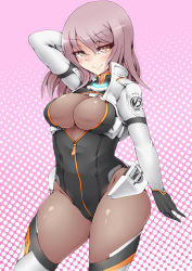 Rule 34 | 1girl, absurdres, alice gear aegis, arm behind head, arm up, black gloves, blush, breasts, brown hair, cleavage, closed mouth, commentary request, gloves, hair between eyes, halftone, halftone background, head tilt, highres, kiramashi (satsujinki), large breasts, leotard, long hair, looking at viewer, polka dot, polka dot background, smile, solo, yotsuya yumi, zipper, zipper pull tab