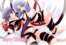 Rule 34 | 00s, 2girls, all fours, ass, bed, blue eyes, blue hair, blush, braid, breast press, breasts, bridal gauntlets, christmas, fate/stay night, fate (series), hair ribbon, head tilt, large breasts, long hair, lying, matou sakura, medea (fate), mouth hold, multiple girls, naked ribbon, navel, nude, on back, pointy ears, purple eyes, purple hair, q-gaku, ribbon, side braid, sideboob, smile, symmetrical docking, yuri