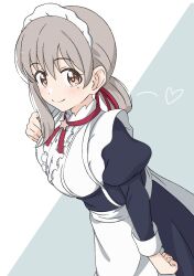 Rule 34 | absurdres, alternate costume, blush, closed mouth, crust gm0, dot nose, grey hair, heart, highres, koisuru asteroid, looking at viewer, maid, maid headdress, morino mari, smile, solo, star (symbol)