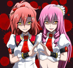 Rule 34 | 2girls, akuma no riddle, bow, brown eyes, c-wing, collared shirt, crop top, drill hair, grin, hair between eyes, hair bow, hair ornament, hairclip, inukai isuke, long hair, looking at viewer, midriff, multiple girls, necktie, open mouth, pink hair, ponytail, red bow, red hair, red neckwear, sagae haruki, shirt, short sleeves, smile, stomach, twin drills, upper body, very long hair, white shirt, wing collar, wrist cuffs, yellow eyes