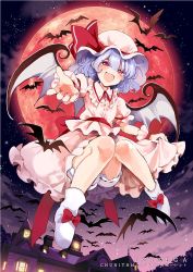 Rule 34 | 1girl, :d, azuma aya, bat wings, bloomers, blue hair, blush, bow, clothes lift, cloud, cloudy sky, collar, collared dress, colored eyelashes, commentary request, dress, dress lift, fang, floating, footwear bow, frilled collar, frills, full body, hat, hat ribbon, knees together feet apart, lifted by self, light blue hair, looking at viewer, mob cap, moon, nail polish, night, open mouth, outstretched arm, pink dress, puffy short sleeves, puffy sleeves, red bow, red eyes, red moon, red nails, red ribbon, red sash, remilia scarlet, ribbon, sash, scarlet devil mansion, short hair, short sleeves, skin fang, sky, slit pupils, smile, solo, touhou, underwear, white footwear, wings, wrist cuffs