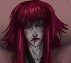 Rule 34 | 1boy, blood, blunt bangs, blush stickers, closed mouth, colored skin, gospodinkunzite, highres, kanjuro, long hair, male focus, nosebleed, one piece, red hair, red lips, signature, solo, white skin