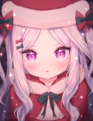 Rule 34 | 1girl, :o, blue archive, blush, eyelashes, hat, highres, hina (blue archive), looking at viewer, nishiki koi, parted bangs, purple eyes, santa costume, santa hat, sidelocks, silver hair, slit pupils, solo, sparkle, two side up, upper body, wavy hair