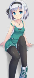 Rule 34 | 1girl, adapted costume, black bow, black headband, black pantyhose, black ribbon, blue eyes, bob cut, bow, camisole, commentary, contemporary, cross-laced footwear, dress, dress bow, foot out of frame, green dress, green footwear, hair ribbon, headband, highres, jewelry, knee up, konpaku youmu, looking at viewer, pantyhose, pendant, ribbon, shoes, short dress, short hair, simple background, sitting, sleeveless, sleeveless dress, sneakers, solo, touhou, two-tone footwear, uumaru, v-shaped eyebrows, white camisole, white footwear, white hair