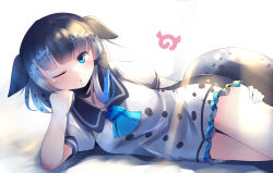 Rule 34 | 10s, 1girl, :o, absurdres, ascot, black sailor collar, blue ascot, blue eyes, blunt bangs, blush, dress, hair flaps, head rest, highres, japari symbol, kanzakietc, kemono friends, light rays, looking at viewer, lying, multicolored hair, narwhal (kemono friends), on side, one eye closed, parted lips, sailor collar, sailor dress, solo, tail