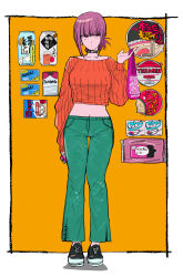 Rule 34 | 1girl, absurdres, bandaid, beer can, black footwear, can, cigarette pack, crop top, cup ramen, drink can, expressionless, food, green pants, highres, holding, holding cigarette pack, jinusi, noodles, orange background, orange sweater, original, pants, ponytail, purple hair, red eyes, shoes, sneakers, solo, sweater