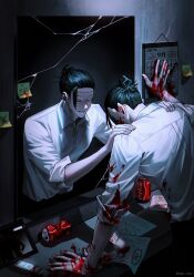 Rule 34 | 2boys, absurdres, black hair, black pants, blood, blood on clothes, blood on hands, can, closed eyes, collared shirt, cowboy shot, crushed can, ear piercing, getou suguru, getou suguru (kenjaku), hair bun, hair pulled back, hands on another&#039;s shoulders, highres, jaeb chyo, jujutsu kaisen, male focus, mirror, multiple boys, pants, paper, piercing, shirt, short hair, sleeves rolled up, smile, standing, sticky note, stitches, twitter username, white shirt