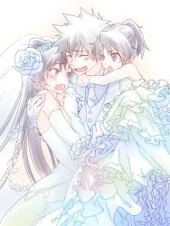 Rule 34 | 1boy, 2girls, bridal veil, carrying, dress, elbow gloves, embarrassed, family, father and daughter, from behind, gloves, happy, if they mated, kamijou touma, kanzaki kaori, long hair, mother and daughter, multiple girls, piggyback, ponytail, princess carry, short hair, spiked hair, toaru majutsu no index, touryou, tuxedo, veil, wedding, wedding dress