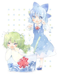 Rule 34 | 2girls, blue eyes, blue hair, blush, cirno, fang, food, green hair, hair bobbles, hair ornament, hair ribbon, highres, ice, ice wings, kisume, mary janes, multiple girls, open mouth, ribbon, shaved ice, shipu (toppintetratorten), shoes, short hair, socks, tears, touhou, twintails, wavy mouth, wings