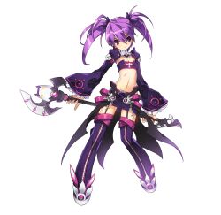 Rule 34 | 1girl, absurdres, aisha landar, axe, boots, breasts, cleavage, elsword, female focus, flat chest, frills, full body, hair ribbon, highres, long hair, midriff, miniskirt, navel, purple eyes, purple hair, purple thighhighs, ribbon, simple background, skirt, smile, solo, thigh boots, thighhighs, twintails, weapon