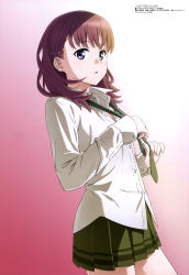 Rule 34 | 10s, 1girl, absurdres, artist request, blunt bangs, brown hair, dress shirt, from side, hair ornament, hairclip, highres, just because!, long hair, looking at viewer, megami magazine, natsumi mio, necktie, purple eyes, shirt, simple background, skirt, solo