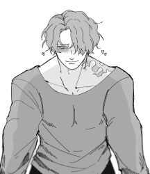 Rule 34 | blush, burn scar, closed mouth, collarbone, commentary, english commentary, heart, highres, implied yaoi, indoors, long sleeves, looking down, male focus, monochrome, one piece, pants, sabo (one piece), scar, scar across eye, scar on face, shadow, shirt, short hair, smile, xve009