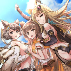 Rule 34 | 3girls, aster (granblue fantasy), bare back, bare shoulders, blue sky, bob cut, breasts, brown eyes, brown hair, butt crack, cloud, commentary request, day, dutch angle, elbow gloves, erune, fingerless gloves, gloves, granblue fantasy, grey eyes, grey hair, hair ornament, haku (grimjin), highres, holding hands, long hair, looking at viewer, looking back, medium breasts, metera (granblue fantasy), mole, multiple girls, one eye closed, open mouth, siblings, sideboob, sisters, sky, smile, sutera (granblue fantasy), very long hair