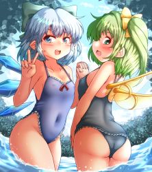Rule 34 | 2girls, ass, black one-piece swimsuit, blue bow, blue eyes, blue hair, blue one-piece swimsuit, blush, bow, cirno, collarbone, covered navel, cowboy shot, daiyousei, day, detached wings, fairy, fairy wings, fang, green eyes, green hair, groin, hair bow, highres, ice, ice wings, long hair, multiple girls, one-piece swimsuit, open mouth, short hair, side ponytail, smile, swimsuit, thighs, touhou, v, wings, yoriyuki chiyo