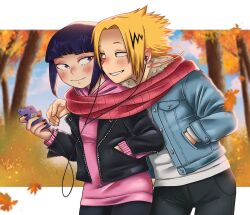 Rule 34 | 1boy, 1girl, audio jack, autumn leaves, black jacket, black pants, blue jacket, blue sky, blunt bangs, blush, boku no hero academia, buttons, cellphone, closed mouth, cloud, earbuds, earphones, forest, grin, hand in pocket, highres, holding, holding phone, hood, hood down, hooded jacket, jacket, jirou kyouka, kaminari denki, leaf, letterboxed, lyneriii, multicolored hair, nature, open clothes, open mouth, outdoors, outside border, pants, parted bangs, phone, pink shirt, purple eyes, purple hair, red scarf, scarf, shirt, short hair, sky, smile, streaked hair, tree, unzipped, white shirt, yellow eyes, zipper, zipper pull tab