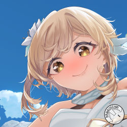 Rule 34 | 1girl, backlighting, blue sky, blush, breasts, c:, cleavage, cloud, cloudy sky, commentary, embarrassed, feather hair ornament, feathers, flower, from below, full-face blush, genshin impact, hair between eyes, hair flower, hair ornament, light brown hair, looking at viewer, looking down, lumine (genshin impact), masollyn, medium breasts, short hair, short hair with long locks, sidelocks, sky, sleeveless, smile, solo, yellow eyes