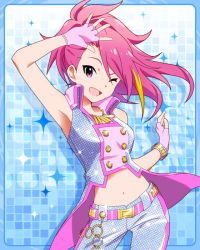 Rule 34 | 10s, 1girl, ;d, armpits, bracelet, card (medium), contrapposto, crop top, female focus, fingerless gloves, gloves, idolmaster, idolmaster million live!, jewelry, kawakami tetsuya, looking at viewer, maihama ayumu, midriff, million dreams (idolmaster), multicolored hair, navel, necklace, official art, one eye closed, open mouth, pink eyes, pink hair, smile, solo, standing