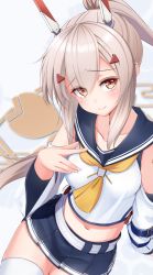 Rule 34 | 1girl, ayanami (azur lane), azur lane, bare shoulders, belt, blue sailor collar, blue skirt, breasts, brown hair, closed mouth, collarbone, commentary request, crop top, detached sleeves, hair ornament, highres, long hair, long sleeves, looking at viewer, midriff, miniskirt, navel, neckerchief, pleated skirt, ponytail, red eyes, remodel (azur lane), risemu (c liesem), sailor collar, shirt, sidelocks, skirt, small breasts, smile, solo, thighhighs, very long hair, white shirt, white thighhighs, wide sleeves, zettai ryouiki