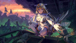 Rule 34 | 1girl, 6+girls, armor, black gloves, blonde hair, blue eyes, bodysuit, breasts, cleavage, cleavage cutout, clothing cutout, commentary request, female focus, gloves, headgear, highres, long hair, looking at viewer, mecha musume, monster, multiple girls, original, pinakes, pov, pov hands, reaching, reaching towards viewer, rubble, ruins, solo focus, squatting, thighhighs, white gloves, white thighhighs, zettai ryouiki