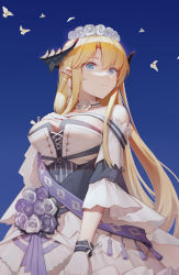 Rule 34 | 1girl, absurdres, arknights, bare shoulders, blonde hair, blue background, blue eyes, breasts, commentary, dress, flower, gloves, hand on own chest, head wreath, highres, horns, jean.organ, large breasts, long hair, looking at viewer, off-shoulder dress, off shoulder, official alternate costume, pointy ears, rose, saileach (appreciate fragrance) (arknights), saileach (arknights), short sleeves, smile, solo, upper body, very long hair, white dress, white flower, white gloves, white rose