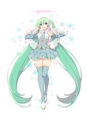 Rule 34 | 1girl, absurdly long hair, bad id, bad pixiv id, bare shoulders, blue eyes, blush, breasts, detached sleeves, full body, green hair, hatsune miku, headphones, highres, long hair, looking at viewer, medium breasts, open mouth, smile, solo, sorel, standing, thighhighs, twintails, very long hair, vocaloid