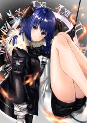 Rule 34 | 1girl, absurdres, arknights, asymmetrical gloves, bare legs, black gloves, black jacket, black shorts, blue eyes, blue hair, blush, commentary, feet out of frame, fur-trimmed jacket, fur trim, gloves, halo, head tilt, highres, holding, holding wand, horns, huge filesize, jacket, knees up, long hair, long sleeves, looking at viewer, mismatched gloves, mostima (arknights), open clothes, open jacket, roman numeral, shirt, short shorts, shorts, sitting, smile, solo, thighs, wand, white gloves, white shirt, yuryou jime