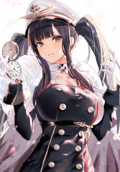Rule 34 | 1girl, azur lane, bad id, bad pixiv id, black hair, black sash, blunt bangs, breasts, buttons, cape, cowboy shot, cross, double-breasted, dress, eyebrows hidden by hair, fur-trimmed cape, fur trim, gloves, hat, highres, iron blood (emblem), iron cross, large breasts, lips, long sleeves, looking at viewer, military, military hat, military uniform, naval uniform, peter strasser (azur lane), pocket watch, sash, simple background, solo, temir, twintails, uniform, watch, white background, white gloves