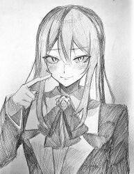 Rule 34 | 1girl, absurdres, ado (utaite), blush, bow, bowtie, chando (ado), cloud nine inc, collared shirt, commentary request, flower brooch, graphite (medium), greyscale, hair between eyes, highres, jacket, long hair, long sleeves, looking at viewer, mole, mole under eye, monochrome, pointing, pointing at viewer, shirt, sidelocks, simple background, solo, traditional media, tsukuno tsuki, upper body, utaite