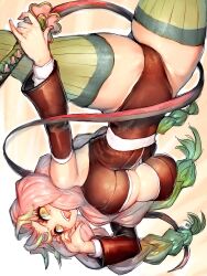 Rule 34 | 1girl, :d, belt, black leotard, breasts, cleavage, demon slayer uniform, fumio (rsqkr), green eyes, green hair, highres, holding, holding sword, holding weapon, jumping, kanroji mitsuri, kimetsu no yaiba, large breasts, leotard, long sleeves, mole under each eye, mole under eye, multicolored hair, multiple moles, open mouth, pink background, pink hair, pleated skirt, sheath, shoes, signature, skirt, smile, solo, sword, thighhighs, tri braids, unbuttoned, unbuttoned shirt, upside-down, weapon, whip sword