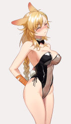 Rule 34 | 1girl, absurdres, airseal, alternate costume, animal ears, antenna hair, arknights, armpits, arms behind back, bare shoulders, black bow, black leotard, blonde hair, blush, bow, bowtie, braid, breasts, cleavage, closed eyes, closed mouth, covered navel, cowboy shot, detached collar, female pubic hair, gradient background, grey background, highres, kroos (arknights), kroos the keen glint (arknights), large breasts, leotard, long hair, meme attire, navel, nipples, nontraditional playboy bunny, nose blush, playboy bunny, pubic hair, pussy, rabbit ears, rabbit girl, rabbit tail, see-through, see-through leotard, single braid, solo, strapless, strapless leotard, tail, translucent bunnysuit, uncensored, v-shaped eyebrows, very long hair