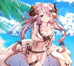 Rule 34 | 1girl, bikini, blue eyes, blue sky, breasts, cleavage, cloud, collarbone, cowboy shot, crossed arms, day, floating hair, granblue fantasy, hair ornament, hair over one eye, horns, large breasts, long hair, narmaya (granblue fantasy), narmaya (summer) (granblue fantasy), navel, ocean, outdoors, pink hair, rain yadori, sky, smile, solo, swimsuit, thigh strap, twintails, very long hair, white bikini