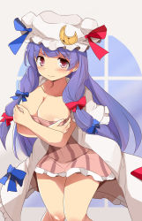 Rule 34 | 1girl, blush, breasts, capelet, cleavage, collarbone, crescent, dress, hair ribbon, hat, highres, large breasts, long hair, looking at viewer, mob cap, mukuroi, patchouli knowledge, purple hair, red eyes, ribbon, short dress, solo, striped clothes, striped dress, touhou, tress ribbon
