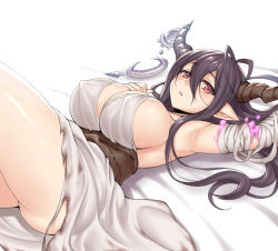 Rule 34 | 10s, 1girl, armpits, bandages, bandaged arm, bed, bed sheet, black hair, breasts, danua, draph, covered erect nipples, granblue fantasy, horn ornament, horns, lang (chikage36), large breasts, legs up, long hair, looking at viewer, lying, on back, pointy ears, red eyes, sideboob, solo, thighs