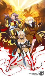 Rule 34 | 3girls, absurdres, armor, ass, bare shoulders, bheth fleeson, black legwear, blonde hair, bow, braid, breastplate, breasts, cigarette, cleavage, coat, detached collar, fur, gauntlets, gloves, hair bow, highres, holding, horns, long hair, looking at viewer, md5 mismatch, monster girl, multiple girls, one eye closed, open mouth, original, pantyhose, pixiv fantasia, pixiv fantasia t, pointy ears, purple hair, realmbw, short hair, grey eyes, sword, tail, tan, thighhighs, waechter, weapon, white legwear, yellow eyes, zorn dio