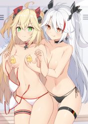 Rule 34 | 2girls, absurdres, admiral hipper (azur lane), antenna hair, azur lane, bikini, black bikini, black choker, blonde hair, blush, grabbing another&#039;s breast, breasts, censored, censored nipples, choker, closed mouth, commentary request, cross, cross earrings, earrings, flag print, german flag, grabbing, green eyes, hair between eyes, headgear, highres, iron cross, jewelry, large breasts, locker, locker room, long hair, looking at viewer, manjuu (azur lane), multicolored hair, multiple girls, navel, prinz eugen (azur lane), prinz eugen (unfading smile) (azur lane), red hair, ribbon, side-tie bikini bottom, silver hair, small breasts, smile, streaked hair, swimsuit, t@ke-g, tongue, tongue out, topless, two-tone bikini, two side up, very long hair