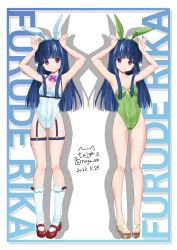 Rule 34 | 1girl, 2023, adapted costume, adapted uniform, alternate costume, animal ears, armpits, arms up, blue hair, blunt bangs, bow, bowtie, breasts, buttons, cameltoe, character name, closed mouth, collarbone, covered navel, dated, detached collar, fake animal ears, furude rika, garter straps, green leotard, hair over shoulder, highleg, highleg leotard, highres, higurashi no naku koro ni, hime cut, leotard, light smile, long hair, looking at viewer, mary janes, multiple views, nontraditional playboy bunny, pink bow, playboy bunny, purple eyes, rabbit ears, rabbit pose, red footwear, ribbon, sandals, shoes, sidelocks, signature, simple background, small breasts, smile, socks, strapless, strapless leotard, suspenders, taiga sb, tareme, twitter username, white background, white leotard, white socks, yellow ribbon