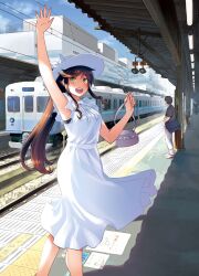 Rule 34 | 1girl, 3boys, arm up, armpits, bag, black bra, bra, bra peek, breasts, brown hair, building, copyright request, day, dress, feet out of frame, green eyes, hand up, handbag, hat, hattori mitsuru, highres, holding, holding bag, kinme wakana, kirei ni shitemoraemasuka, long hair, looking at viewer, looking to the side, multiple boys, open mouth, outdoors, overhead line, ponytail, purple bag, railroad signal, railroad tracks, sky, sleeveless, small breasts, solo focus, standing, sun hat, sundress, tactile paving, teeth, train, train station, train station platform, underwear, upper teeth only, white dress