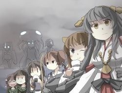 Rule 34 | 6+girls, :&lt;, ^ ^, abyssal ship, akagi (kancolle), black hair, brown hair, chi-class torpedo cruiser, closed eyes, cup, closed eyes, food, foreshortening, from below, gaoo (frpjx283), grey eyes, group picture, hairband, haruna (kancolle), highres, kaga (kancolle), kantai collection, kitakami (kancolle), kongou (kancolle), lineup, long hair, multiple girls, nontraditional miko, one eye closed, onigiri, ooi (kancolle), open mouth, parody, ri-class heavy cruiser, saucer, short hair, side ponytail, smile, teacup, wink, wo-class aircraft carrier, yellow eyes, | |